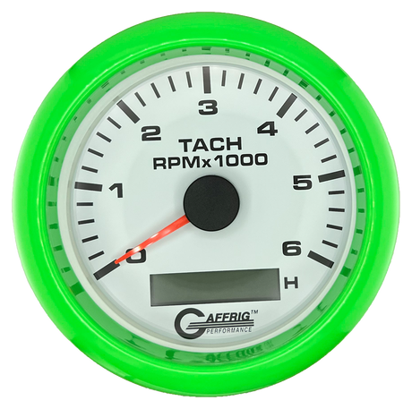 GAFFRIG 3 3/8 INCH ELECTRIC TACH/HOUR METER 6000, 8000, 10000 RPM WHITE 6000 / FAT RIM (338) / LIME GREEN