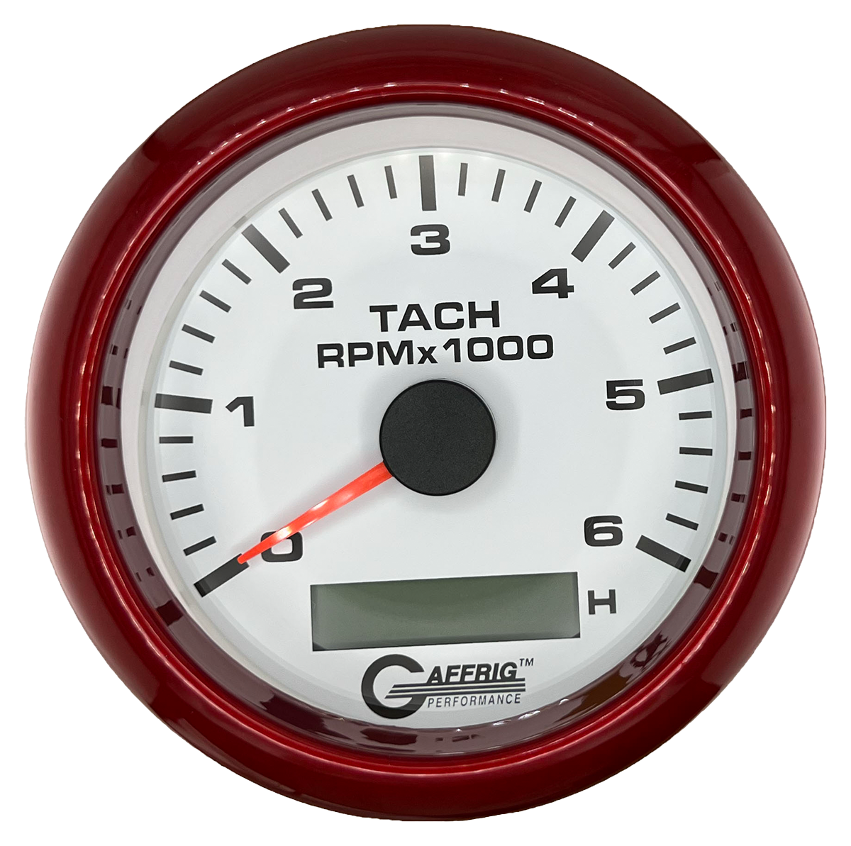 GAFFRIG 3 3/8 INCH ELECTRIC TACH/HOUR METER 6000, 8000, 10000 RPM WHITE 6000 / FAT RIM (338) / RED