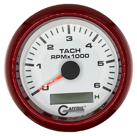 GAFFRIG 3 3/8 INCH ELECTRIC TACH/HOUR METER 6000, 8000, 10000 RPM WHITE 6000 / FAT RIM (338) / RED