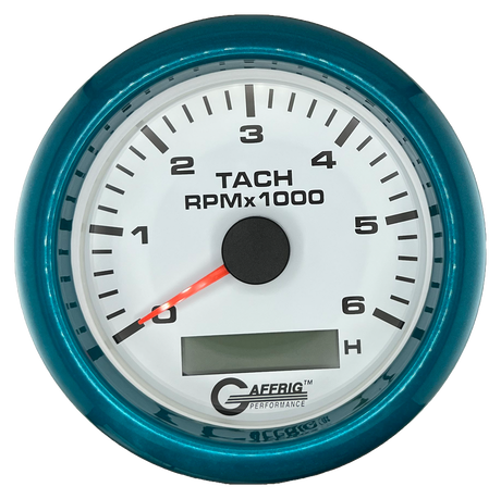 GAFFRIG 3 3/8 INCH ELECTRIC TACH/HOUR METER 6000, 8000, 10000 RPM WHITE 6000 / FAT RIM (338) / TEAL