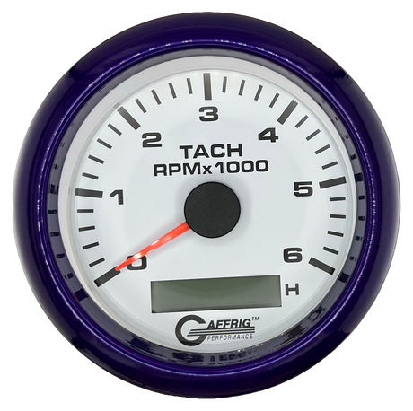 GAFFRIG 3 3/8 INCH ELECTRIC TACH/HOUR METER 6000, 8000, 10000 RPM WHITE 6000 / FAT RIM (338) / PURPLE