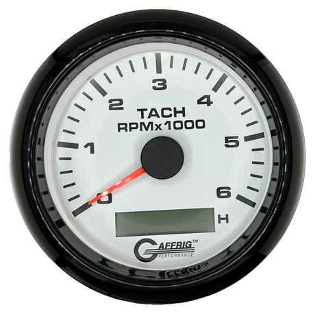 GAFFRIG 3 3/8 INCH ELECTRIC TACH/HOUR METER 6000, 8000, 10000 RPM WHITE 6000 / FAT RIM (338) / BLACK