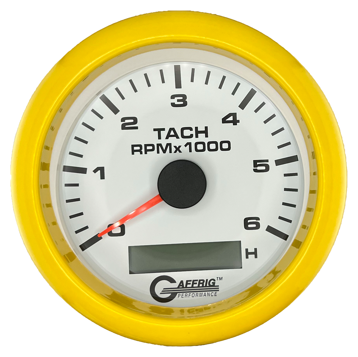 GAFFRIG 3 3/8 INCH ELECTRIC TACH/HOUR METER 6000, 8000, 10000 RPM WHITE 6000 / FAT RIM (338) / YELLOW