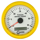 GAFFRIG 3 3/8 INCH ELECTRIC TACH/HOUR METER 6000, 8000, 10000 RPM WHITE 6000 / FAT RIM (338) / YELLOW