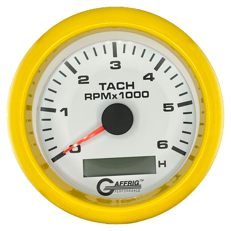 GAFFRIG 3 3/8 INCH ELECTRIC TACH/HOUR METER 6000, 8000, 10000 RPM WHITE 6000 / FAT RIM (338) / YELLOW