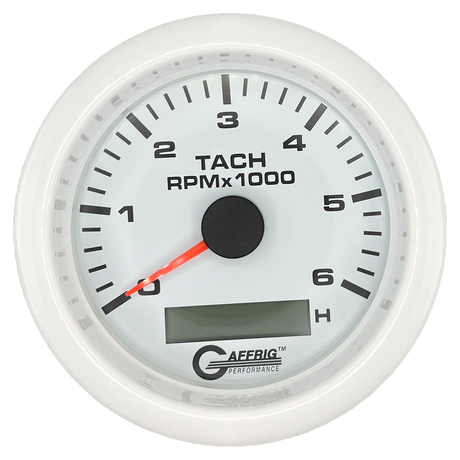 GAFFRIG 3 3/8 INCH ELECTRIC TACH/HOUR METER 6000, 8000, 10000 RPM WHITE 6000 / FAT RIM (338) / WHITE