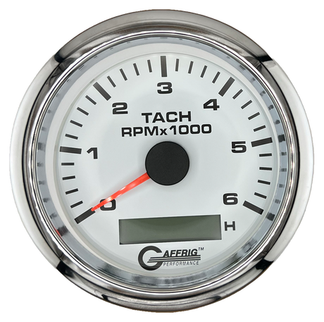 GAFFRIG 3 3/8 INCH ELECTRIC TACH/HOUR METER 6000, 8000, 10000 RPM WHITE 6000 / FAT RIM (338) / CHROME/POLISHED