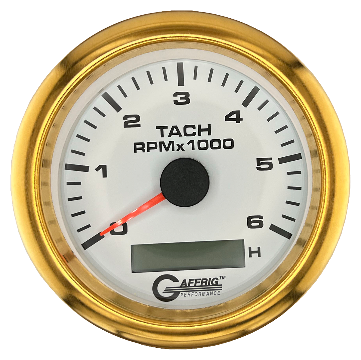 GAFFRIG 3 3/8 INCH ELECTRIC TACH/HOUR METER 6000, 8000, 10000 RPM WHITE 6000 / FAT RIM (338) / GOLD