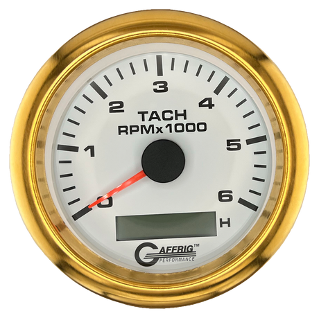 GAFFRIG 3 3/8 INCH ELECTRIC TACH/HOUR METER 6000, 8000, 10000 RPM WHITE 6000 / FAT RIM (338) / GOLD