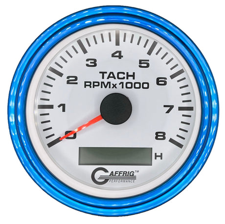 GAFFRIG 3 3/8 INCH ELECTRIC TACH/HOUR METER 6000, 8000, 10000 RPM WHITE 8000 / STEP RIM (008) / BLUE