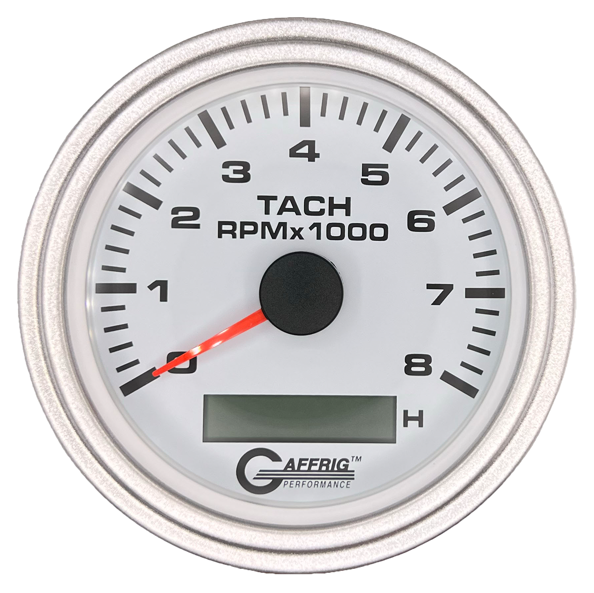 GAFFRIG 3 3/8 INCH ELECTRIC TACH/HOUR METER 6000, 8000, 10000 RPM WHITE 8000 / STEP RIM (008) / PLATINUM