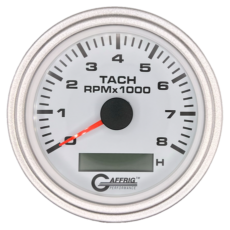 GAFFRIG 3 3/8 INCH ELECTRIC TACH/HOUR METER 6000, 8000, 10000 RPM WHITE 8000 / STEP RIM (008) / PLATINUM