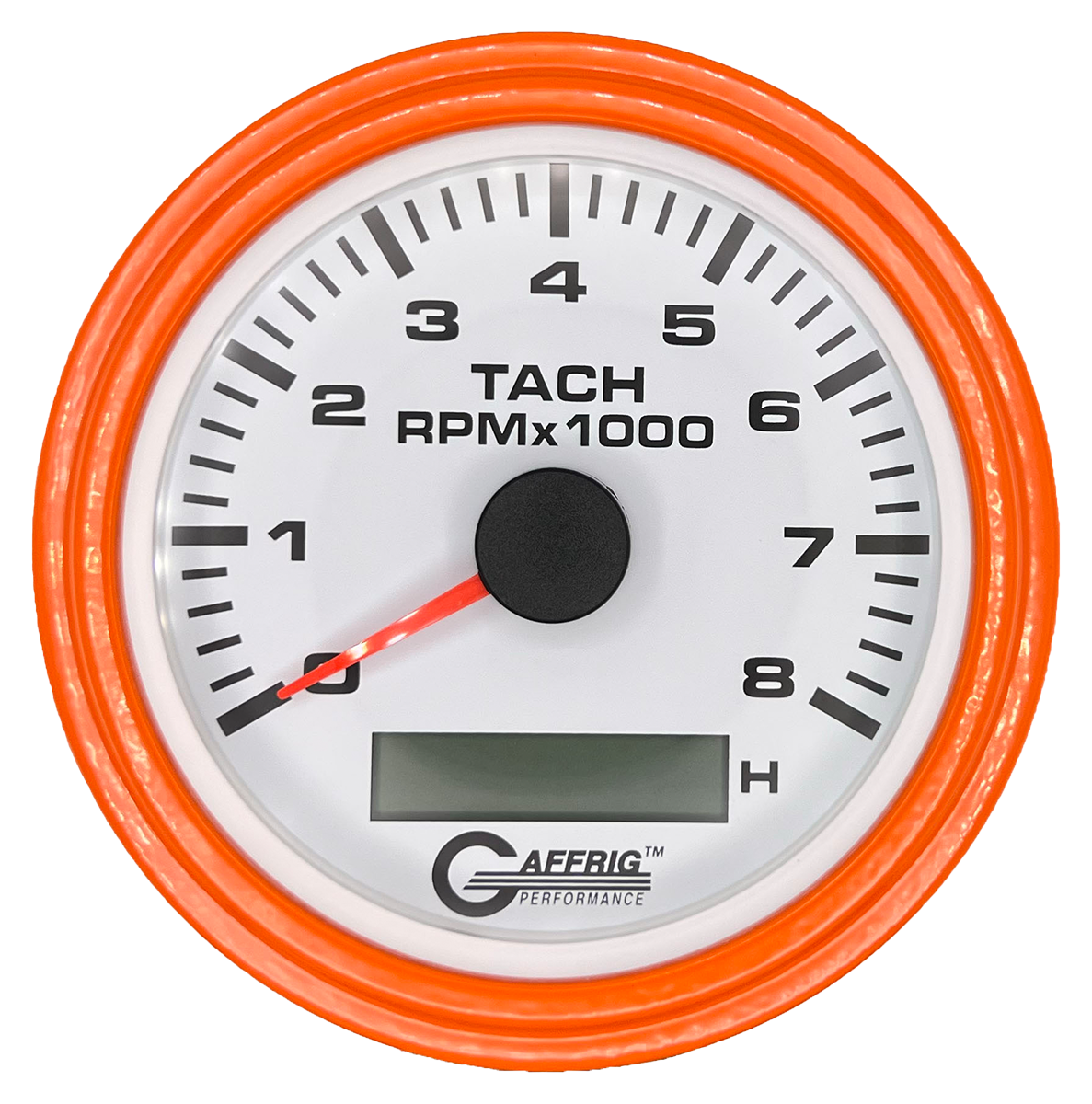 GAFFRIG 3 3/8 INCH ELECTRIC TACH/HOUR METER 6000, 8000, 10000 RPM WHITE 8000 / STEP RIM (008) / ORANGE