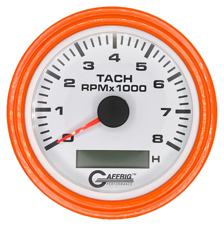 GAFFRIG 3 3/8 INCH ELECTRIC TACH/HOUR METER 6000, 8000, 10000 RPM WHITE 8000 / STEP RIM (008) / ORANGE