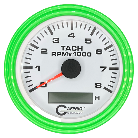 GAFFRIG 3 3/8 INCH ELECTRIC TACH/HOUR METER 6000, 8000, 10000 RPM WHITE 8000 / STEP RIM (008) / LIME GREEN