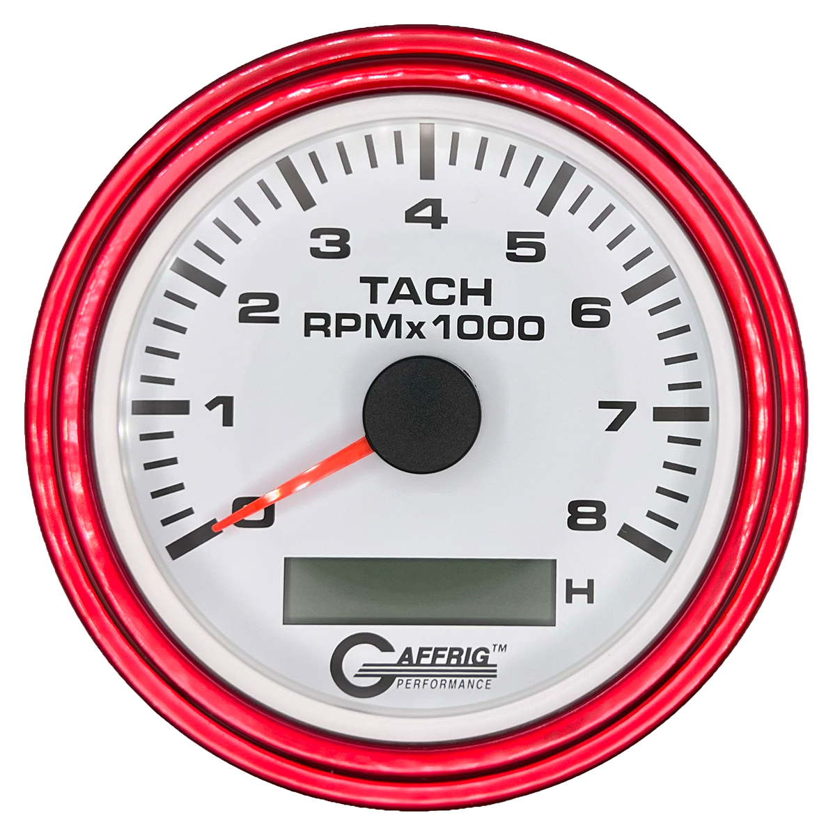 GAFFRIG 3 3/8 INCH ELECTRIC TACH/HOUR METER 6000, 8000, 10000 RPM WHITE 8000 / STEP RIM (008) / RED