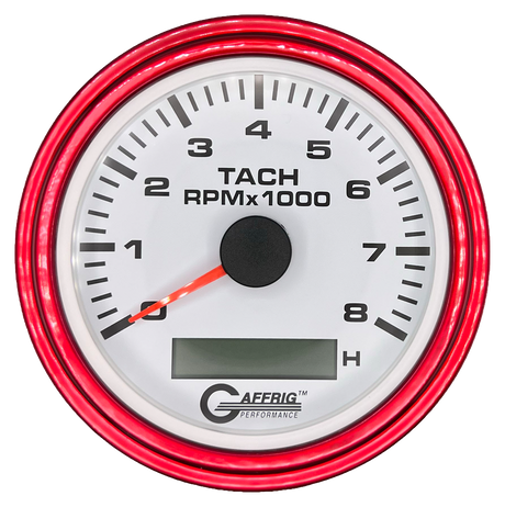 GAFFRIG 3 3/8 INCH ELECTRIC TACH/HOUR METER 6000, 8000, 10000 RPM WHITE 8000 / STEP RIM (008) / RED