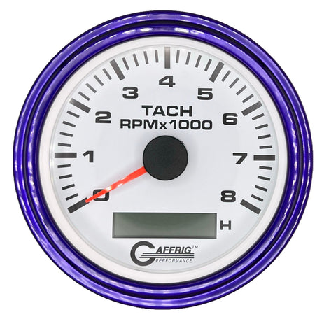 GAFFRIG 3 3/8 INCH ELECTRIC TACH/HOUR METER 6000, 8000, 10000 RPM WHITE 8000 / STEP RIM (008) / PURPLE