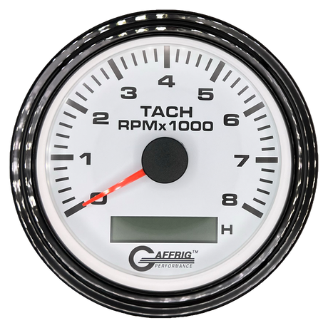 GAFFRIG 3 3/8 INCH ELECTRIC TACH/HOUR METER 6000, 8000, 10000 RPM WHITE 8000 / STEP RIM (008) / BLACK