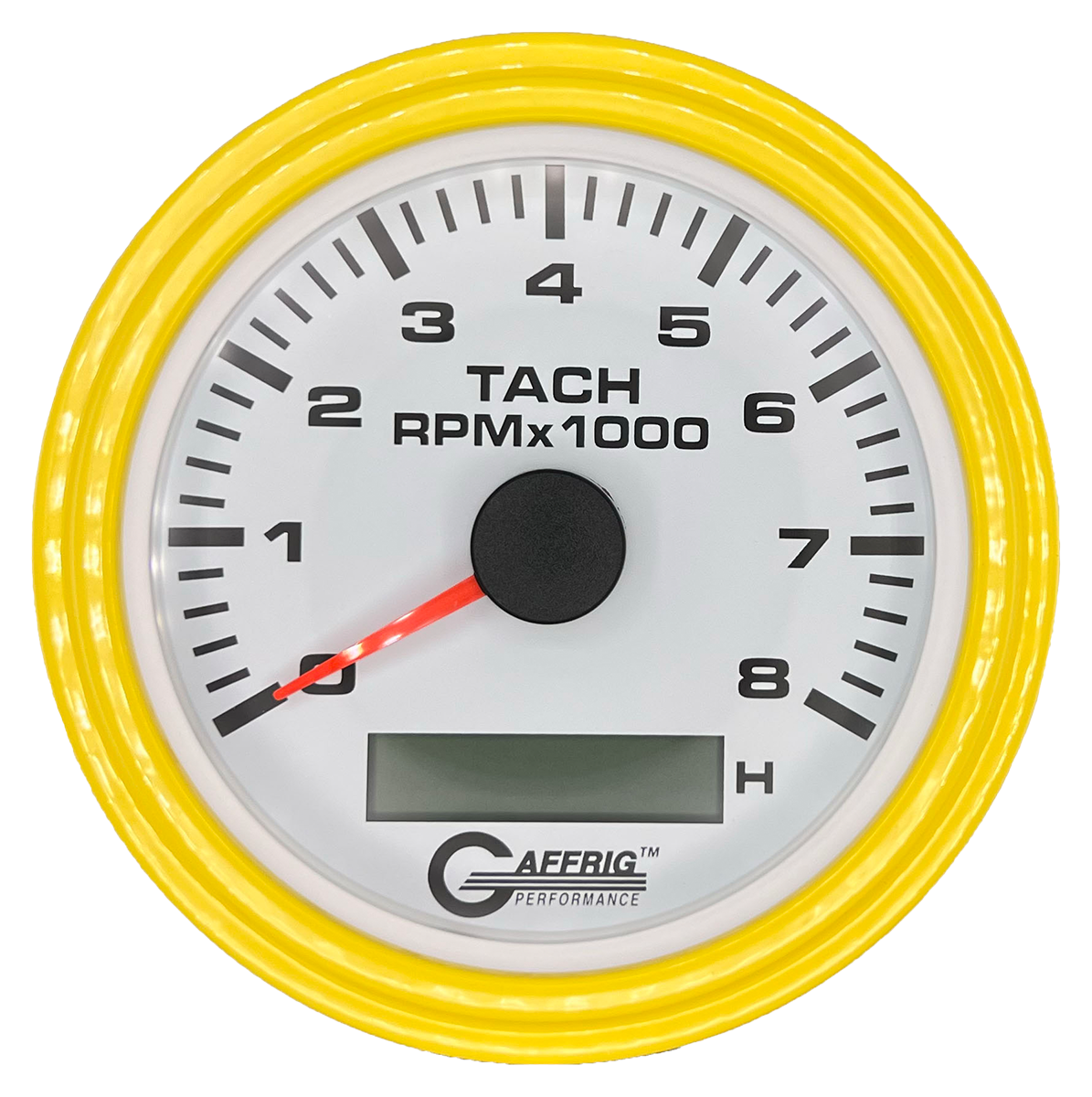 GAFFRIG 3 3/8 INCH ELECTRIC TACH/HOUR METER 6000, 8000, 10000 RPM WHITE 8000 / STEP RIM (008) / YELLOW