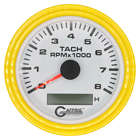 GAFFRIG 3 3/8 INCH ELECTRIC TACH/HOUR METER 6000, 8000, 10000 RPM WHITE 8000 / STEP RIM (008) / YELLOW