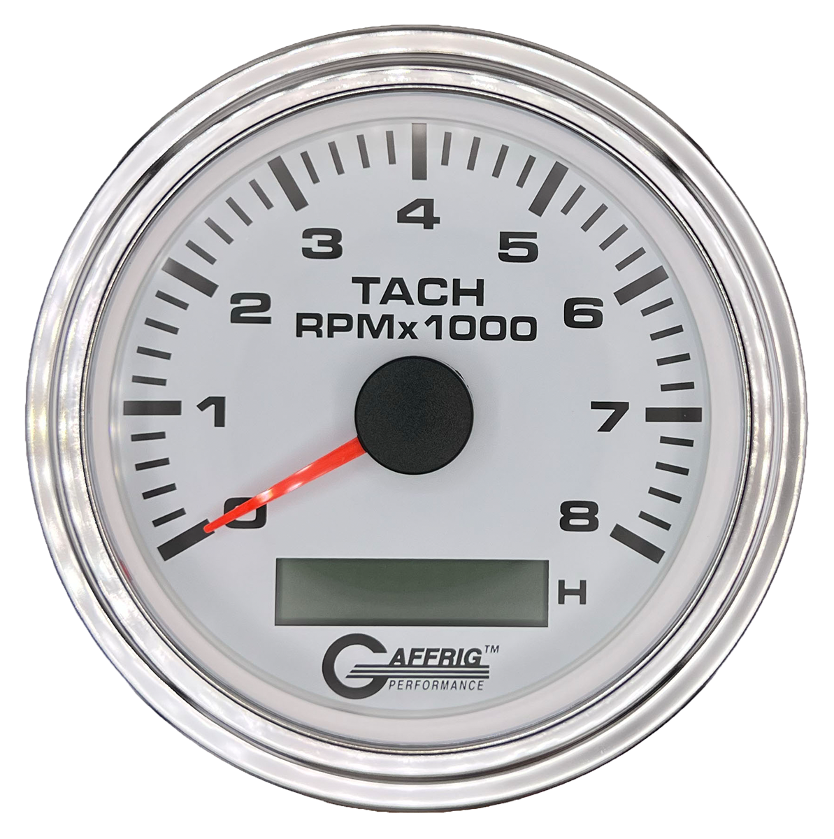 GAFFRIG 3 3/8 INCH ELECTRIC TACH/HOUR METER 6000, 8000, 10000 RPM WHITE 8000 / STEP RIM (008) / CHROME/POLISHED