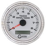 GAFFRIG 3 3/8 INCH ELECTRIC TACH/HOUR METER 6000, 8000, 10000 RPM WHITE 8000 / STEP RIM (008) / CHROME/POLISHED