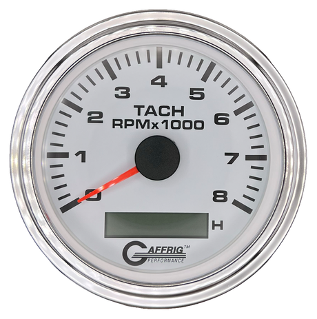 GAFFRIG 3 3/8 INCH ELECTRIC TACH/HOUR METER 6000, 8000, 10000 RPM WHITE 8000 / STEP RIM (008) / CHROME/POLISHED