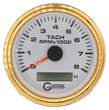 GAFFRIG 3 3/8 INCH ELECTRIC TACH/HOUR METER 6000, 8000, 10000 RPM WHITE 8000 / STEP RIM (008) / GOLD