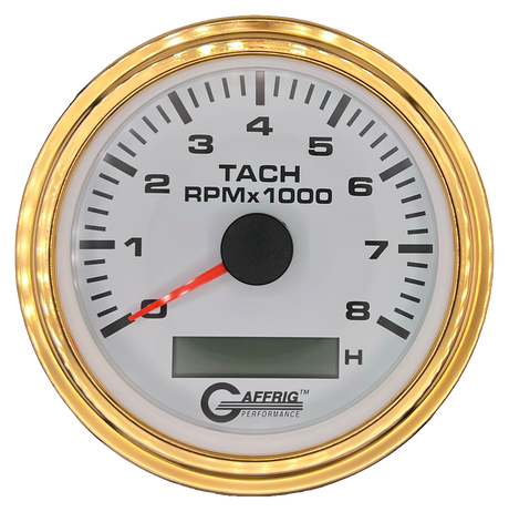 GAFFRIG 3 3/8 INCH ELECTRIC TACH/HOUR METER 6000, 8000, 10000 RPM WHITE 8000 / STEP RIM (008) / GOLD