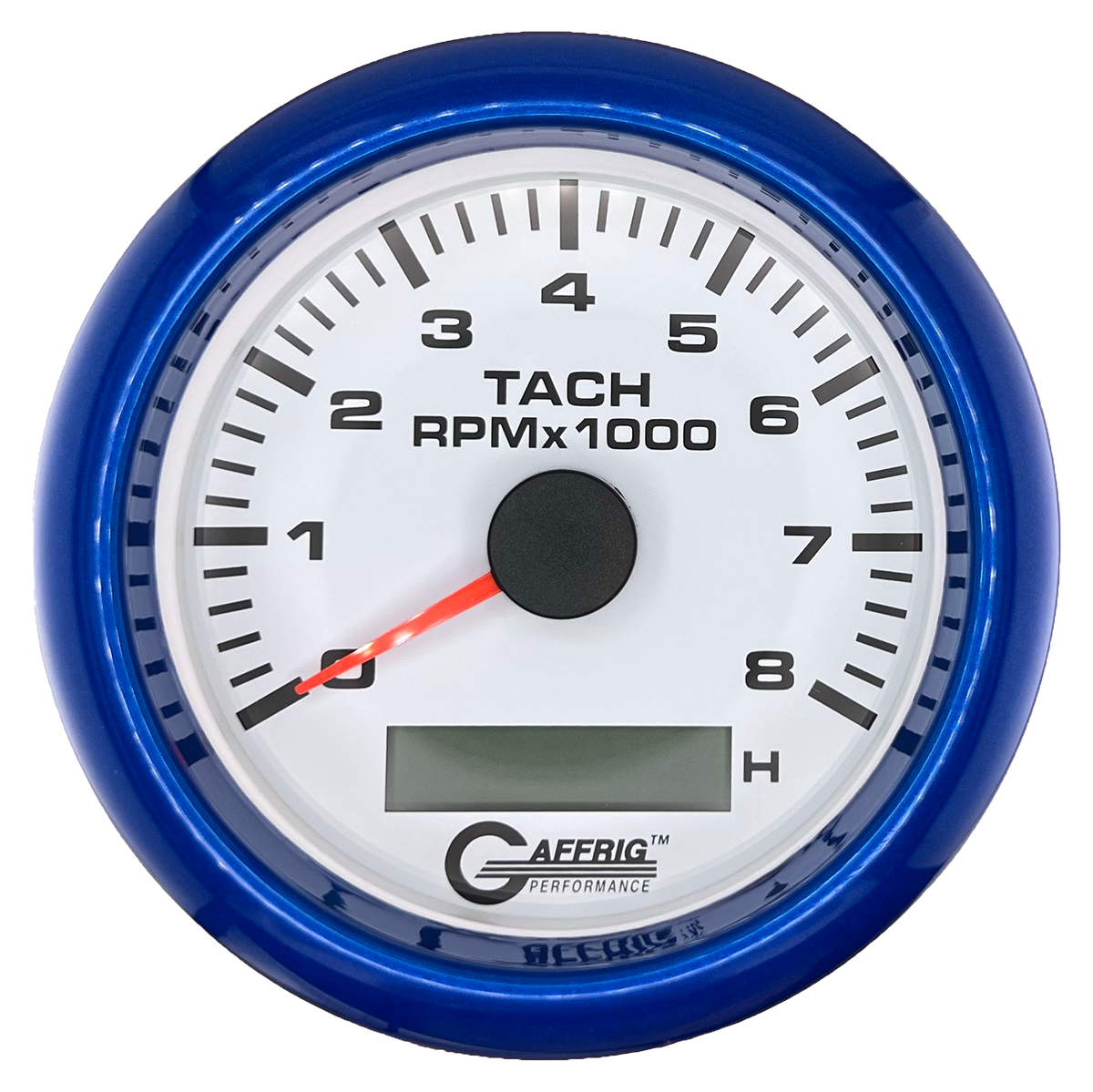 GAFFRIG 3 3/8 INCH ELECTRIC TACH/HOUR METER 6000, 8000, 10000 RPM WHITE 8000 / FAT RIM (338) / BLUE