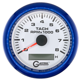 GAFFRIG 3 3/8 INCH ELECTRIC TACH/HOUR METER 6000, 8000, 10000 RPM WHITE 8000 / FAT RIM (338) / BLUE