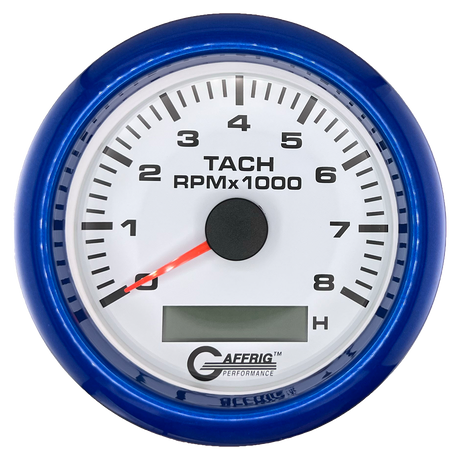 GAFFRIG 3 3/8 INCH ELECTRIC TACH/HOUR METER 6000, 8000, 10000 RPM WHITE 8000 / FAT RIM (338) / BLUE