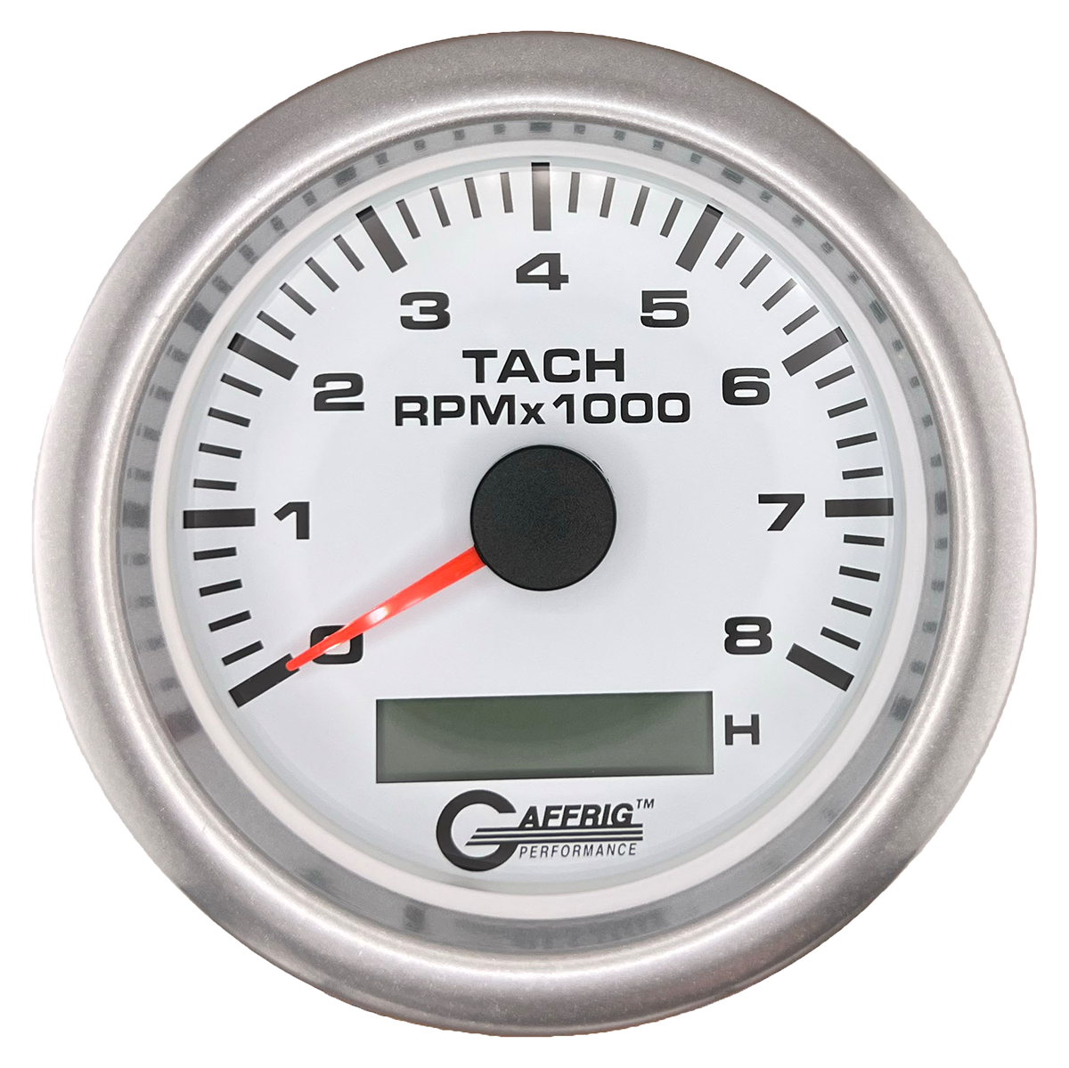 GAFFRIG 3 3/8 INCH ELECTRIC TACH/HOUR METER 6000, 8000, 10000 RPM WHITE 8000 / FAT RIM (338) / PLATINUM