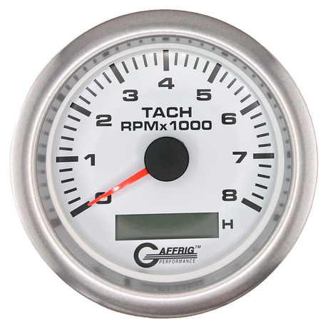 GAFFRIG 3 3/8 INCH ELECTRIC TACH/HOUR METER 6000, 8000, 10000 RPM WHITE 8000 / FAT RIM (338) / PLATINUM