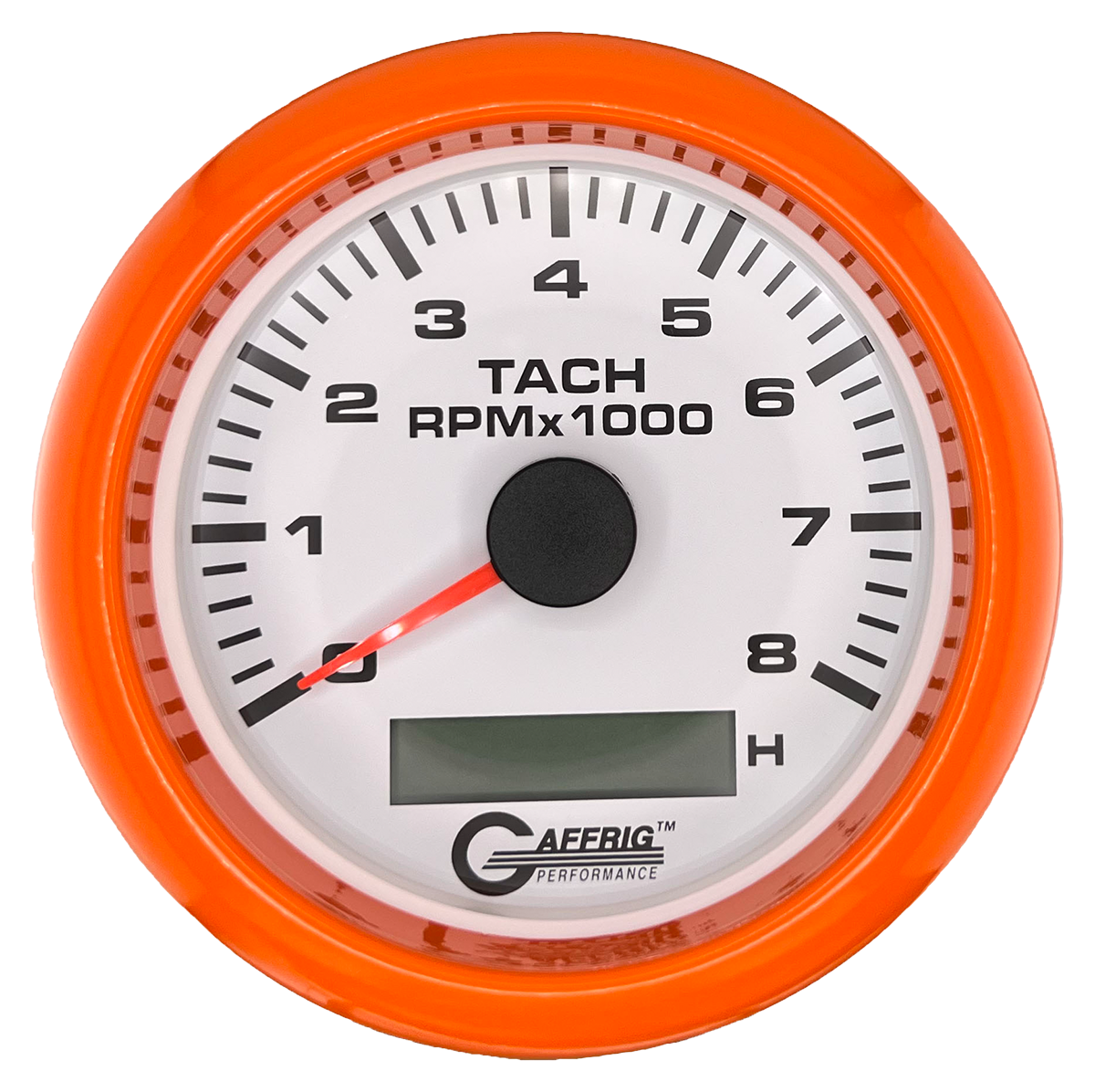 GAFFRIG 3 3/8 INCH ELECTRIC TACH/HOUR METER 6000, 8000, 10000 RPM WHITE 8000 / FAT RIM (338) / ORANGE