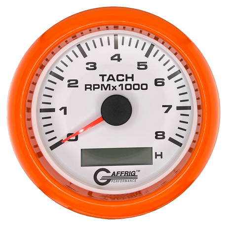 GAFFRIG 3 3/8 INCH ELECTRIC TACH/HOUR METER 6000, 8000, 10000 RPM WHITE 8000 / FAT RIM (338) / ORANGE