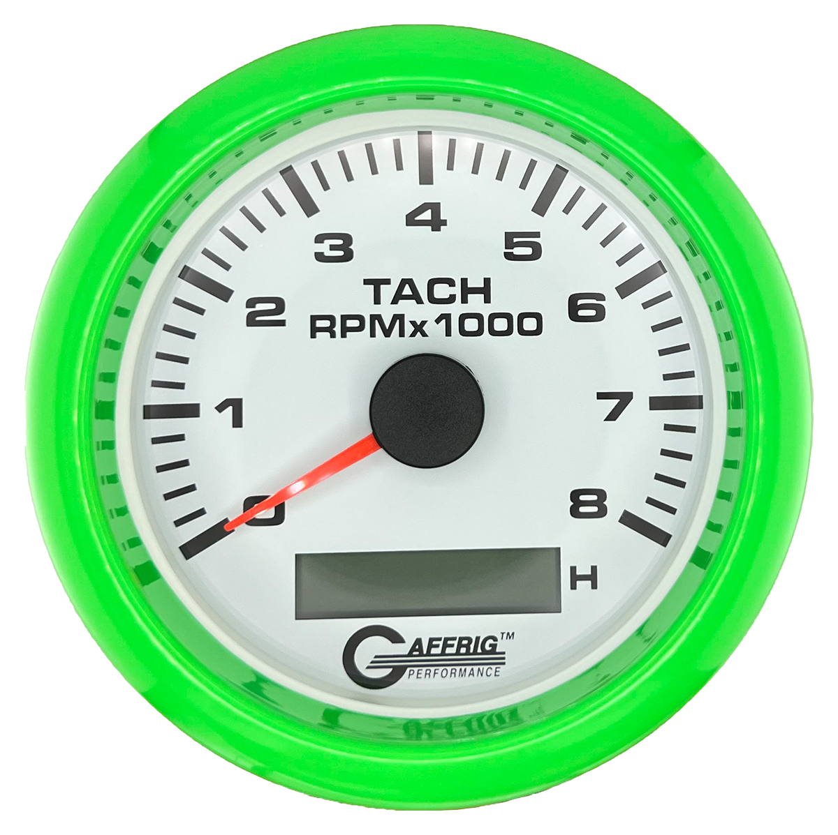 GAFFRIG 3 3/8 INCH ELECTRIC TACH/HOUR METER 6000, 8000, 10000 RPM WHITE 8000 / FAT RIM (338) / LIME GREEN