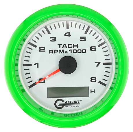 GAFFRIG 3 3/8 INCH ELECTRIC TACH/HOUR METER 6000, 8000, 10000 RPM WHITE 8000 / FAT RIM (338) / LIME GREEN