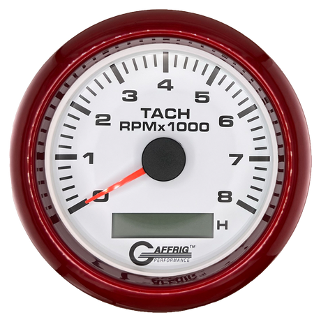 GAFFRIG 3 3/8 INCH ELECTRIC TACH/HOUR METER 6000, 8000, 10000 RPM WHITE 8000 / FAT RIM (338) / RED