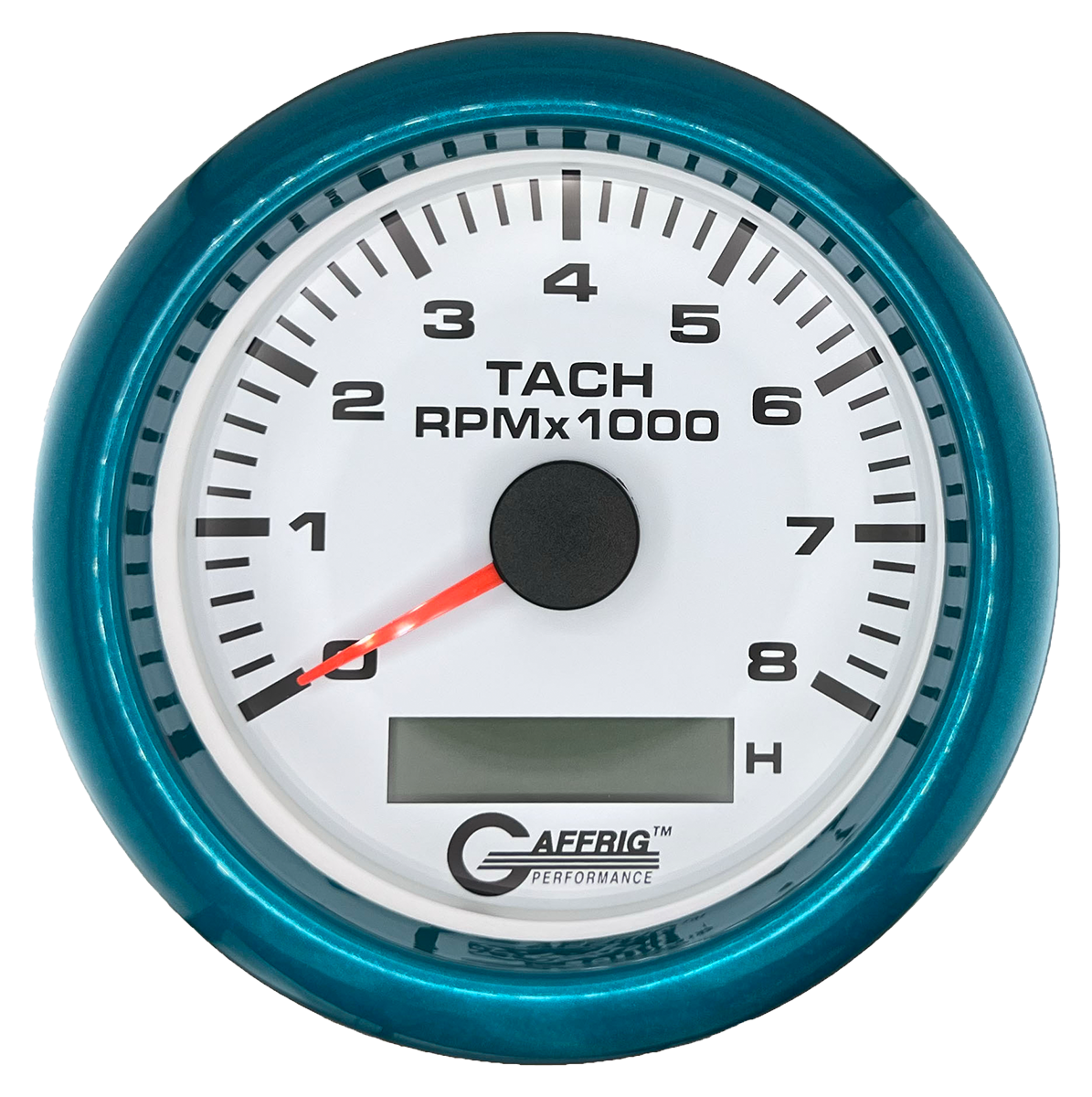 GAFFRIG 3 3/8 INCH ELECTRIC TACH/HOUR METER 6000, 8000, 10000 RPM WHITE 8000 / FAT RIM (338) / TEAL