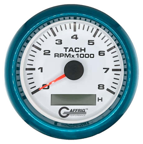 GAFFRIG 3 3/8 INCH ELECTRIC TACH/HOUR METER 6000, 8000, 10000 RPM WHITE 8000 / FAT RIM (338) / TEAL