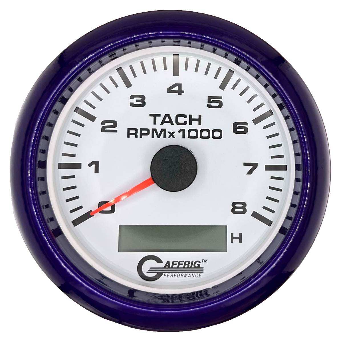 GAFFRIG 3 3/8 INCH ELECTRIC TACH/HOUR METER 6000, 8000, 10000 RPM WHITE 8000 / FAT RIM (338) / PURPLE