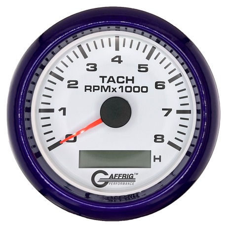 GAFFRIG 3 3/8 INCH ELECTRIC TACH/HOUR METER 6000, 8000, 10000 RPM WHITE 8000 / FAT RIM (338) / PURPLE