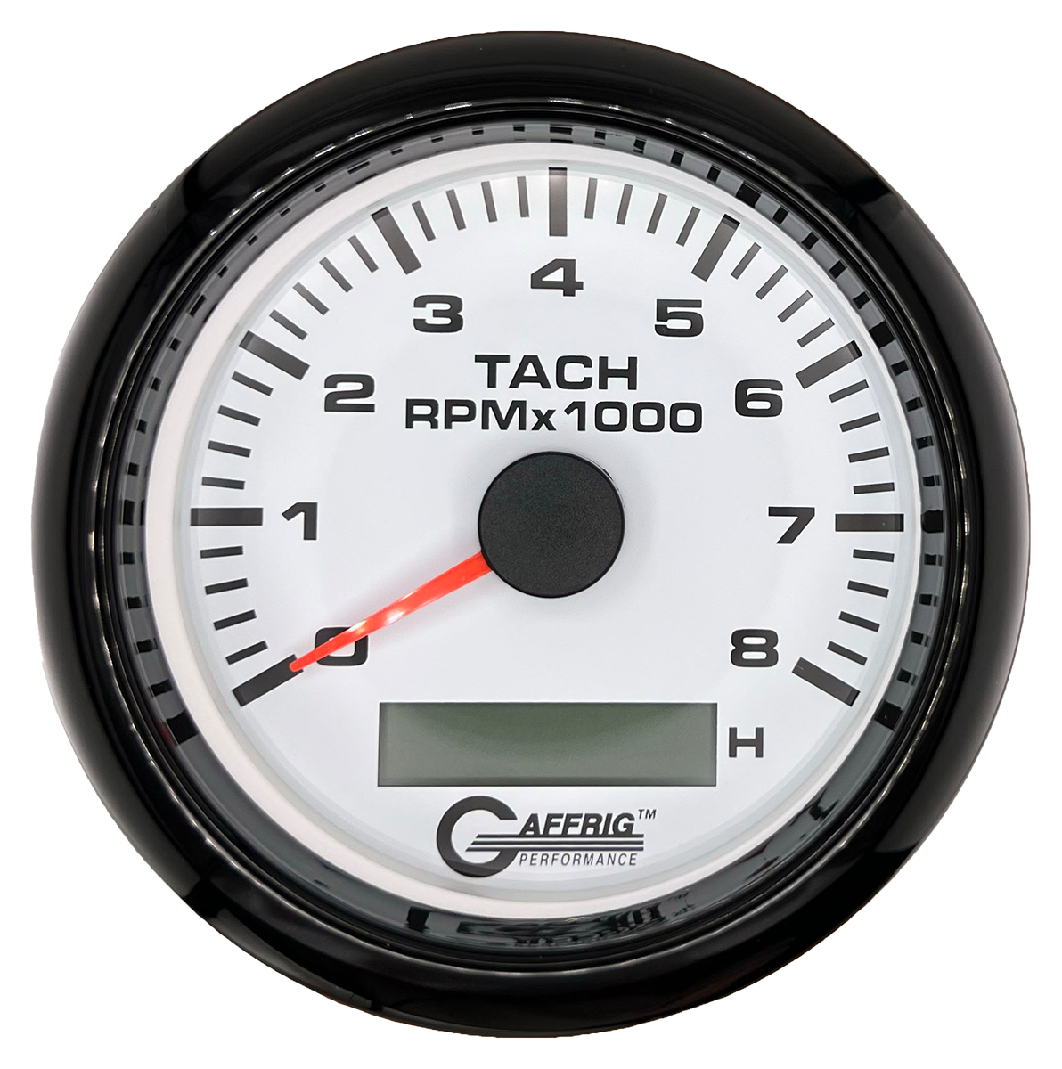 GAFFRIG 3 3/8 INCH ELECTRIC TACH/HOUR METER 6000, 8000, 10000 RPM WHITE 8000 / FAT RIM (338) / BLACK