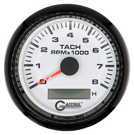 GAFFRIG 3 3/8 INCH ELECTRIC TACH/HOUR METER 6000, 8000, 10000 RPM WHITE 8000 / FAT RIM (338) / BLACK