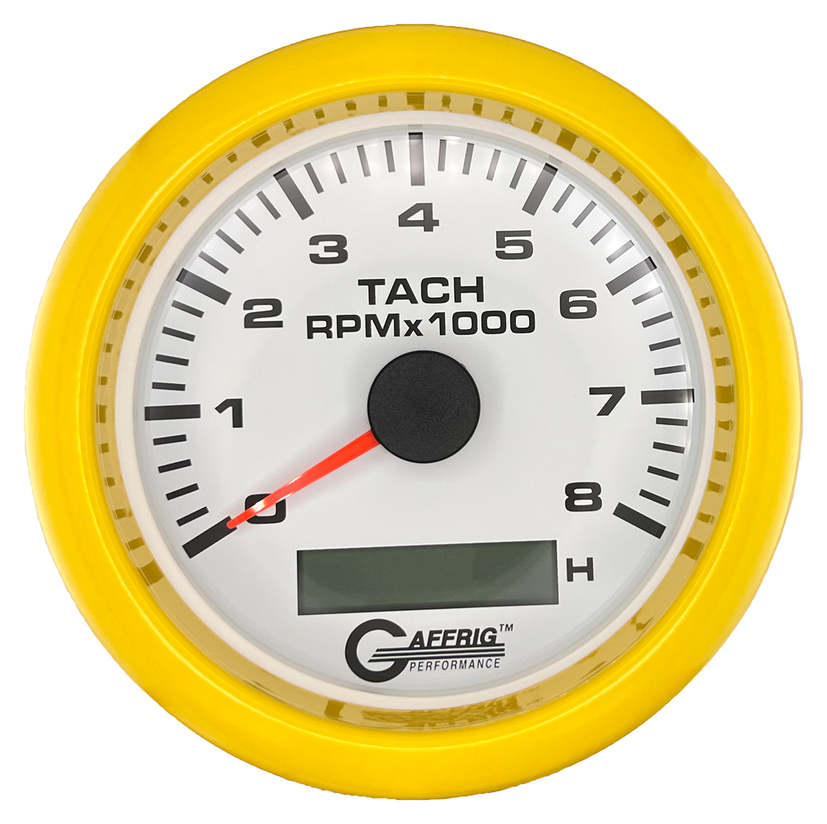 GAFFRIG 3 3/8 INCH ELECTRIC TACH/HOUR METER 6000, 8000, 10000 RPM WHITE 8000 / FAT RIM (338) / YELLOW