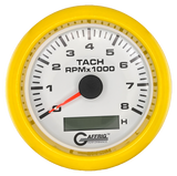 GAFFRIG 3 3/8 INCH ELECTRIC TACH/HOUR METER 6000, 8000, 10000 RPM WHITE 8000 / FAT RIM (338) / YELLOW