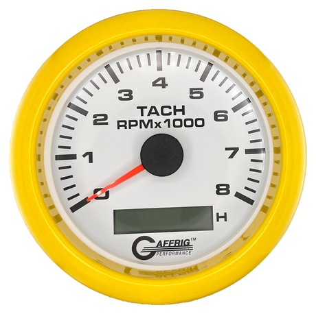 GAFFRIG 3 3/8 INCH ELECTRIC TACH/HOUR METER 6000, 8000, 10000 RPM WHITE 8000 / FAT RIM (338) / YELLOW