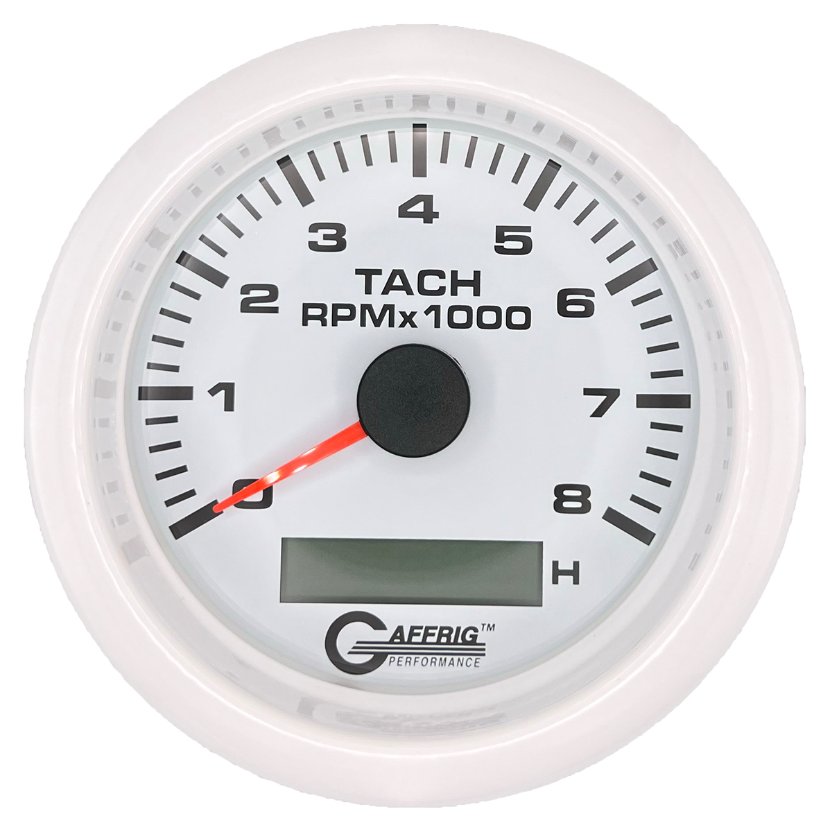 GAFFRIG 3 3/8 INCH ELECTRIC TACH/HOUR METER 6000, 8000, 10000 RPM WHITE 8000 / FAT RIM (338) / WHITE